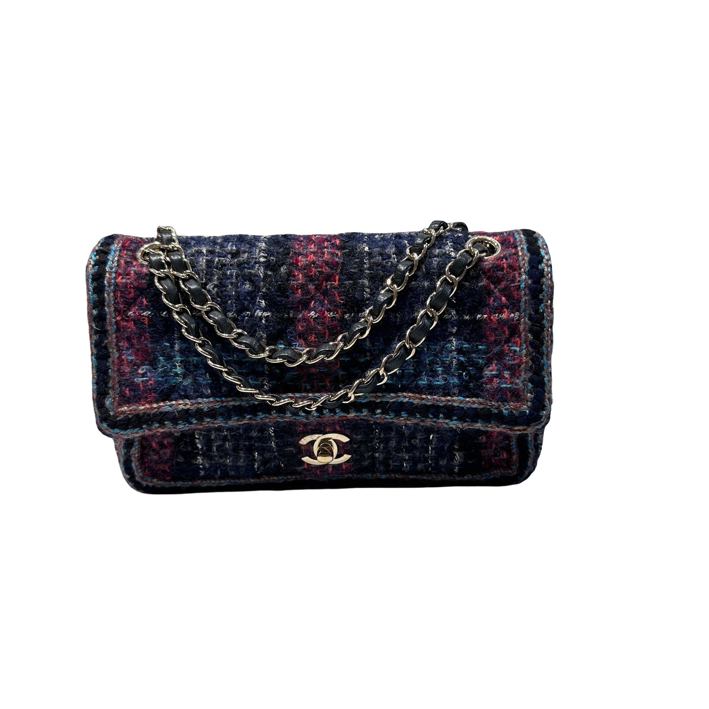 Used CHANEL Tweed Single Flap CF Medium 25 Shoulder Bag Purple Red Black GHW