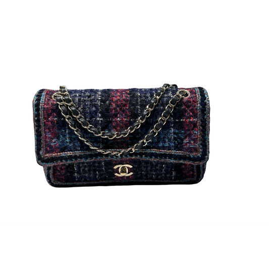 Used CHANEL Tweed Single Flap CF Medium 25 Shoulder Bag Purple Red Black GHW
