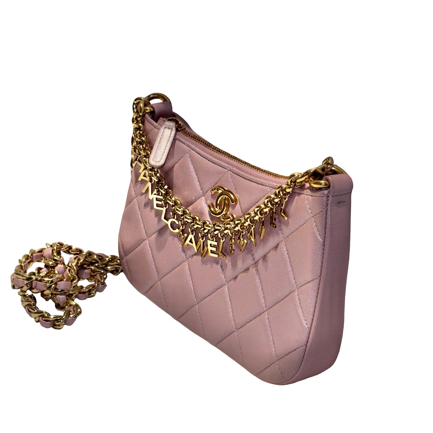 Used CHANEL Lambskin Leather 24P Charms Hobo Bag metallic pink GHW