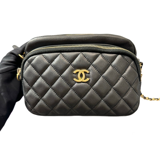 Used Chanel Calfskin Leather Camera Shoulder Bag Black GHW