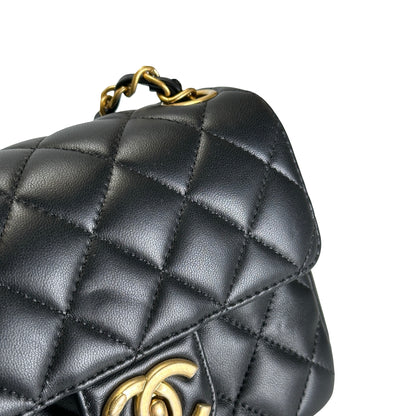 Used CHANEL Quilted Lambskin Mini Flap Bag Shoulder Bag Black Gold