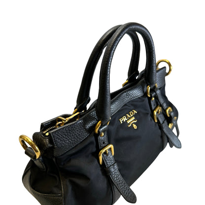 Used PRADA Nylon Leather Tessuto Vitello Daino Satchel Handbag Black Gold