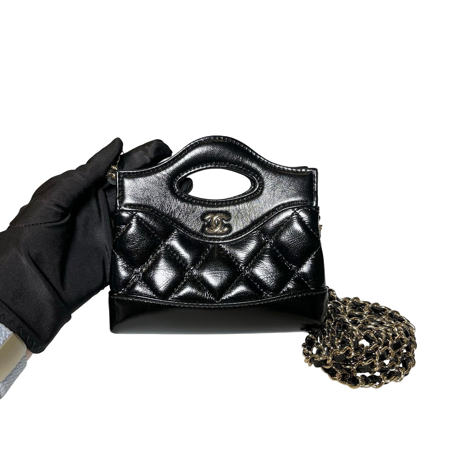 Used CHANEL Shiny Calfskin Mini kelly Cross Body Bag Black GHW