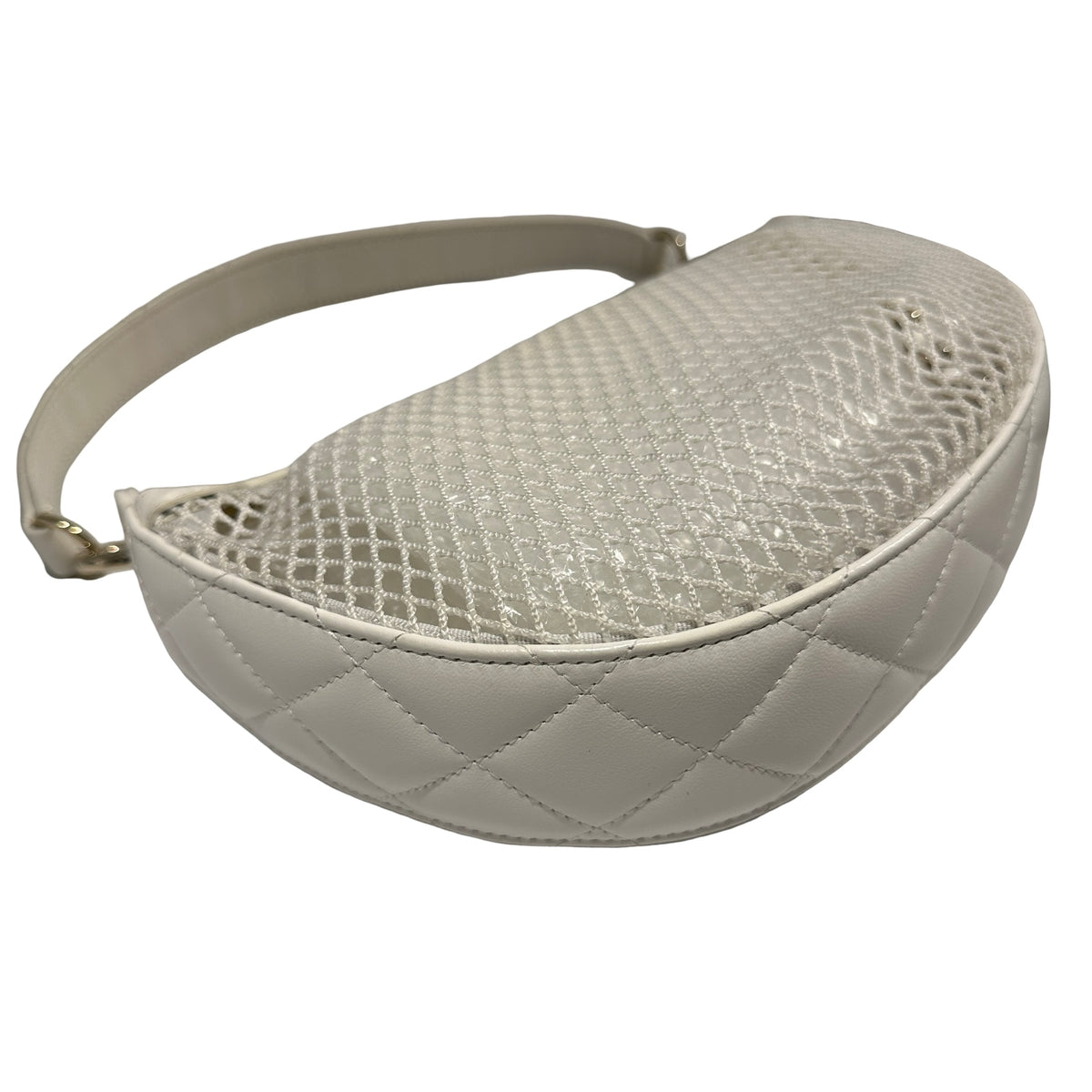 Used CHANEL Mesh Leather 25S Half Moon Clutch Hobo Bag White GHW