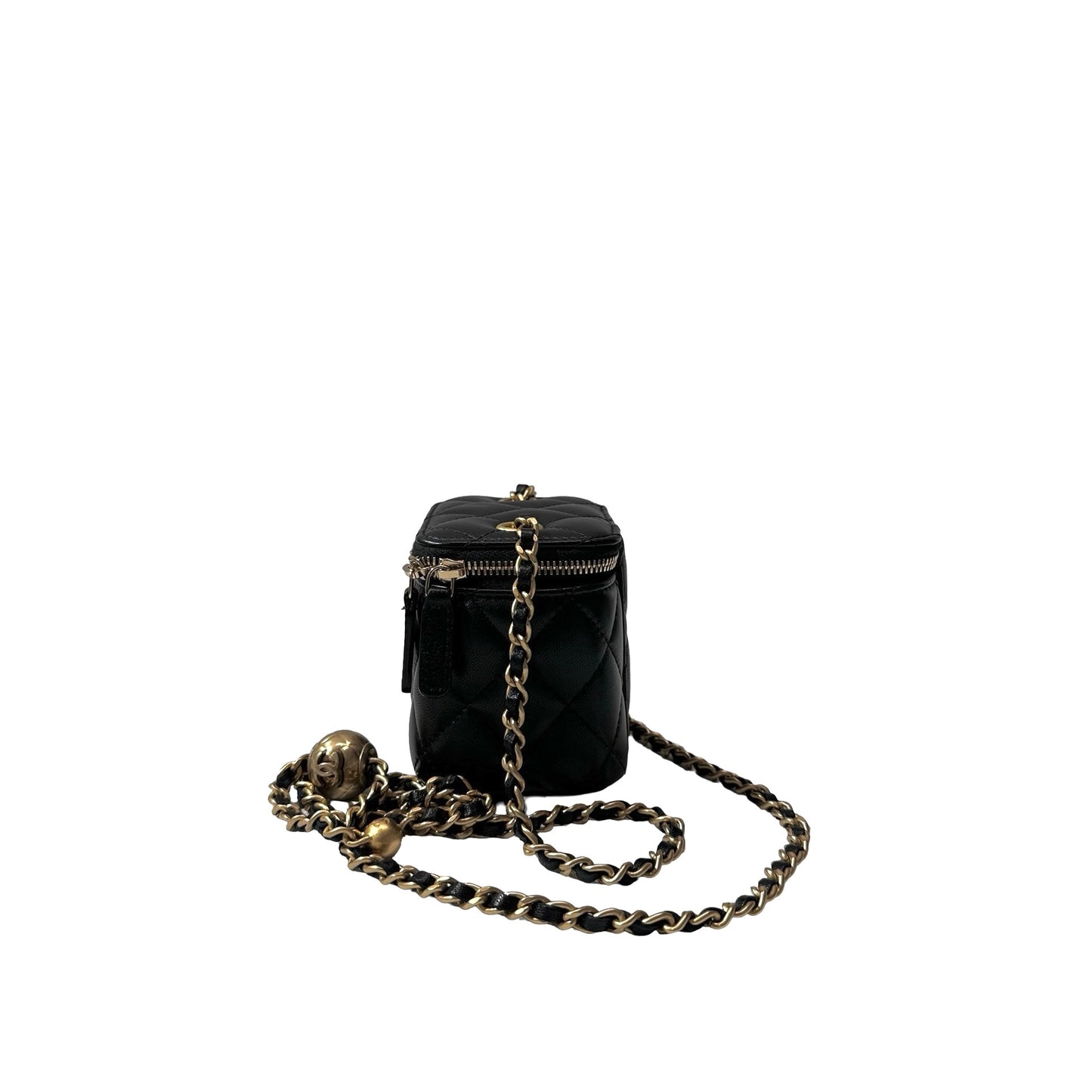 Used CHANEL Lambskin Leather Vanity Case with Gold Ball Cross Body Bag Black GHW