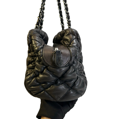 Used CHANEL Quilted Leather Bubble Quilted Bowler Bag Handbag Black Silver hardware