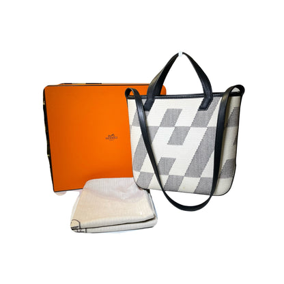 Used HERMÈS Canvas Cabas H En Biais 27 Cross Body Bag Black White