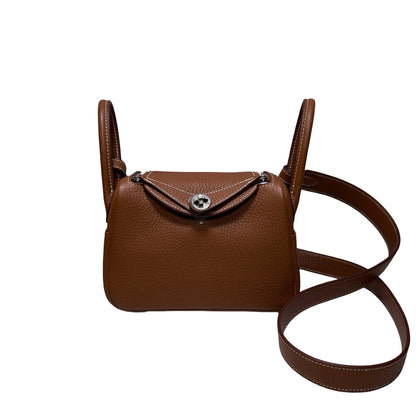 Used HERMÈS Clemence leather Taurillion Mini Lindy Shoulder Bag Gold (37) PHW