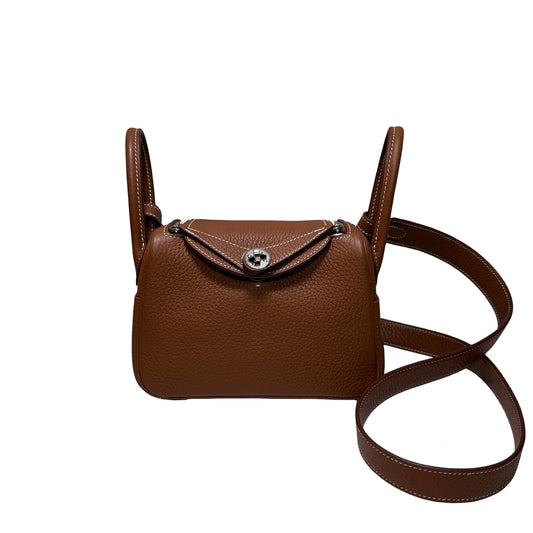 Used HERMÈS Clemence leather Taurillion Mini Lindy Shoulder Bag Gold (37) PHW
