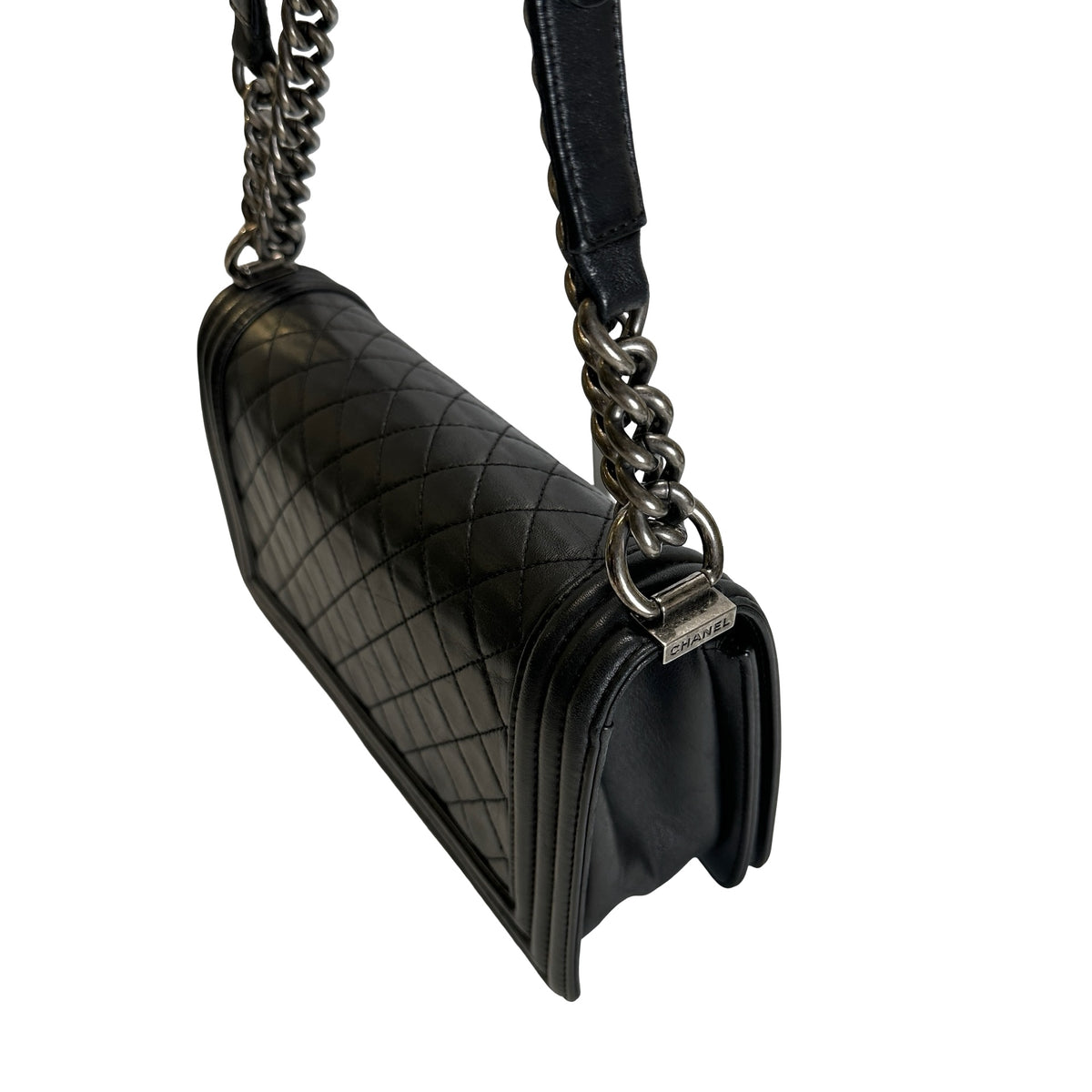 Used CHANEL Quilted Calfskin Boy Bag Shoulder Bag Black Silver