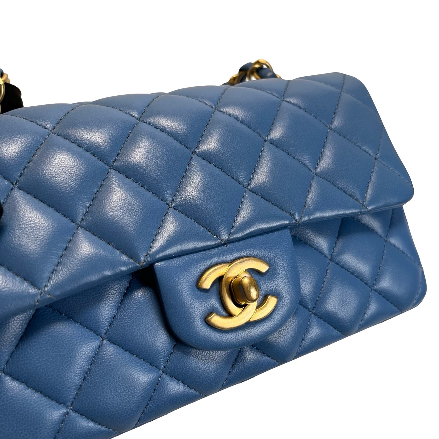 Used CHANEL Quilted Lambskin Classic Flap Handbag Blue Gold hardware