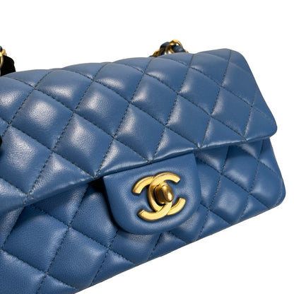 Used CHANEL Quilted Lambskin Classic Flap Handbag Blue Gold hardware