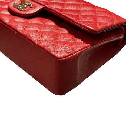 Used CHANEL Quilted Caviar Classic Flap 25 Shoulder Bag Red Gold
