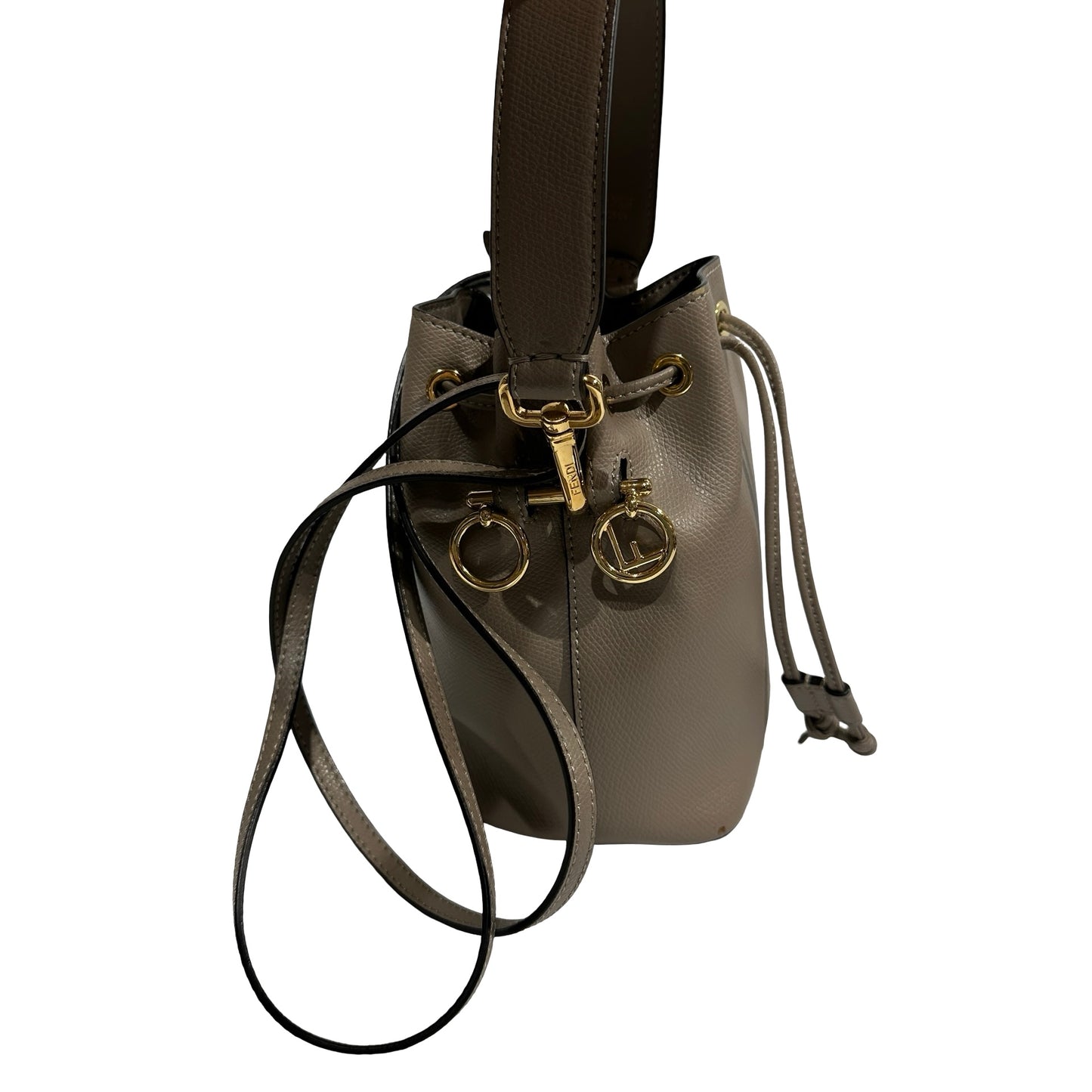 Used FENDI Calfskin Leather Mon Tresor Bucket Bag Grey Beige GHW