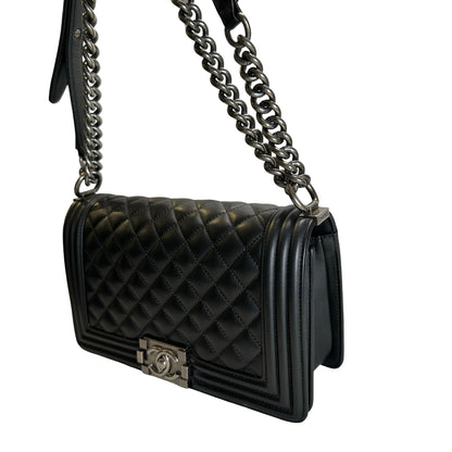 Used CHANEL Matelasse Lambskin Boy Chain shoulder bag Black Silver