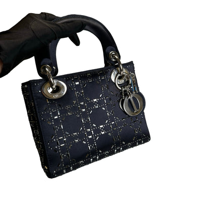 Used DIOR Cannage Rhinestone Lady Dior Handbag Black Silver