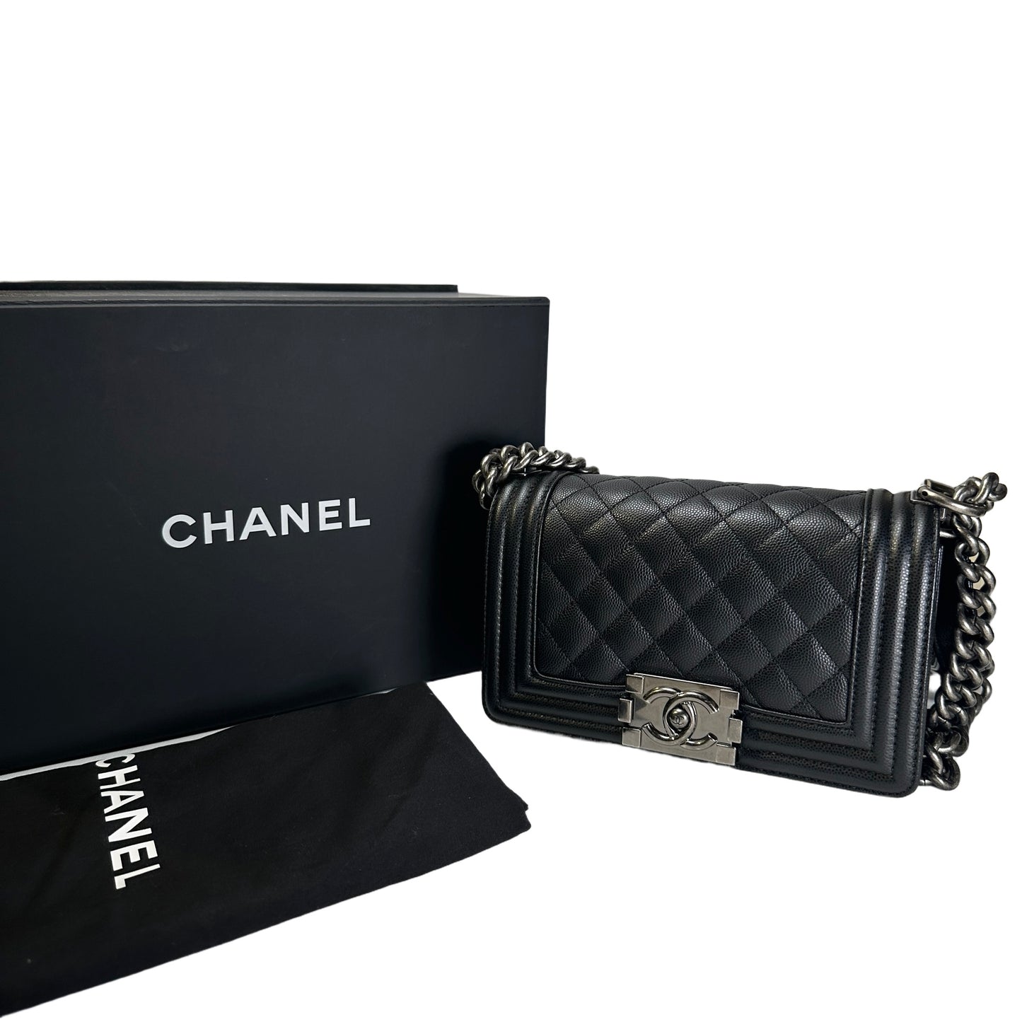 Used CHANEL Quilted Caviar Boy Chain Shoulder Bag Black