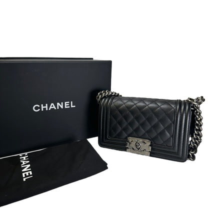 Used CHANEL Quilted Caviar Boy Chain Shoulder Bag Black
