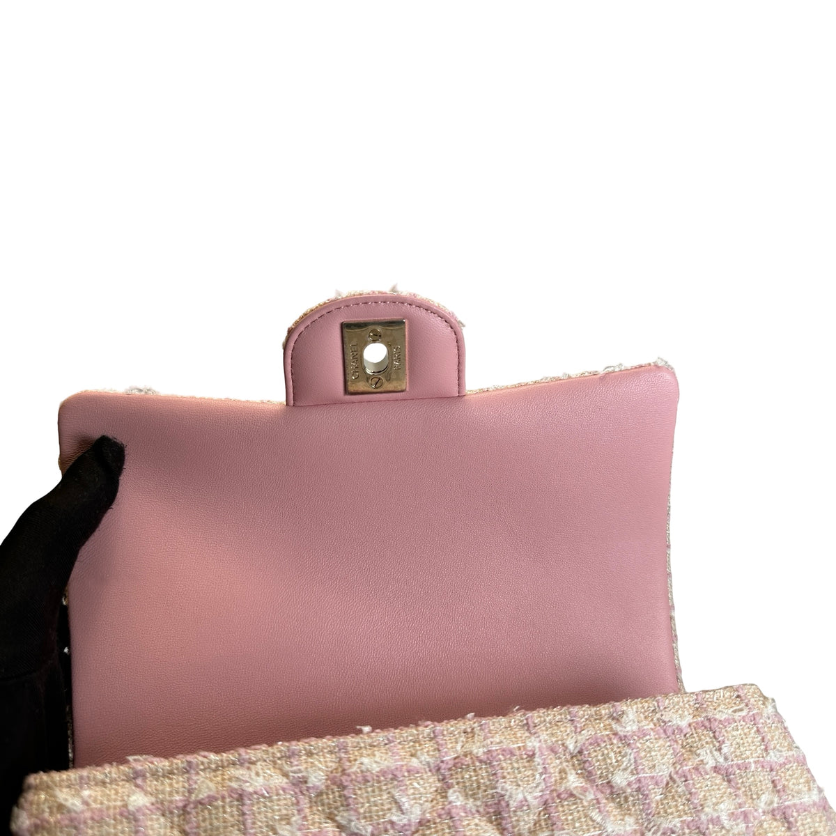 Used CHANEL Tweed Quilted Mini Flap Bag with Top Handle Handbag Pink White