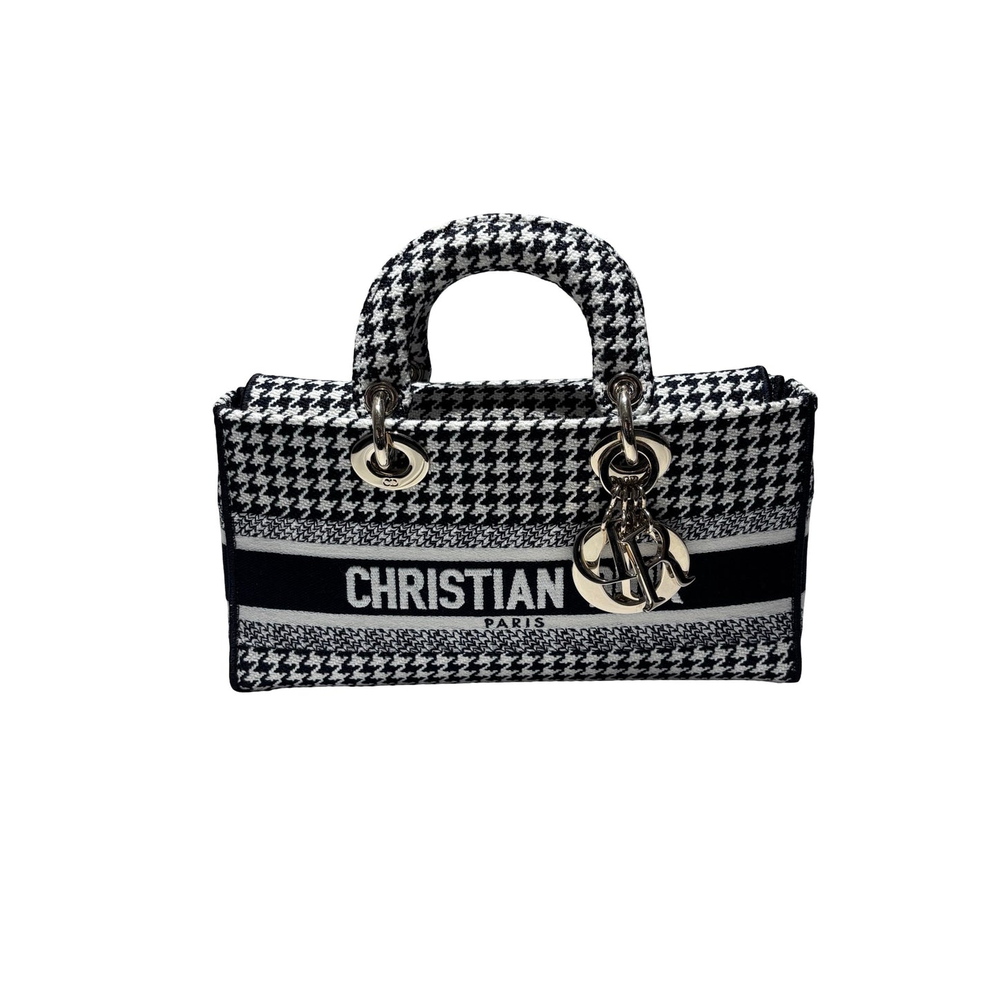 Used DIOR Canvas D-Joy Medium Handbag Black White GHW