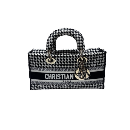 Used DIOR Canvas D-Joy Medium Handbag Black White GHW