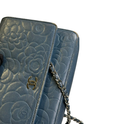 Used CHANEL Camellia Leather Wallet on chain Wallet on chain Navy