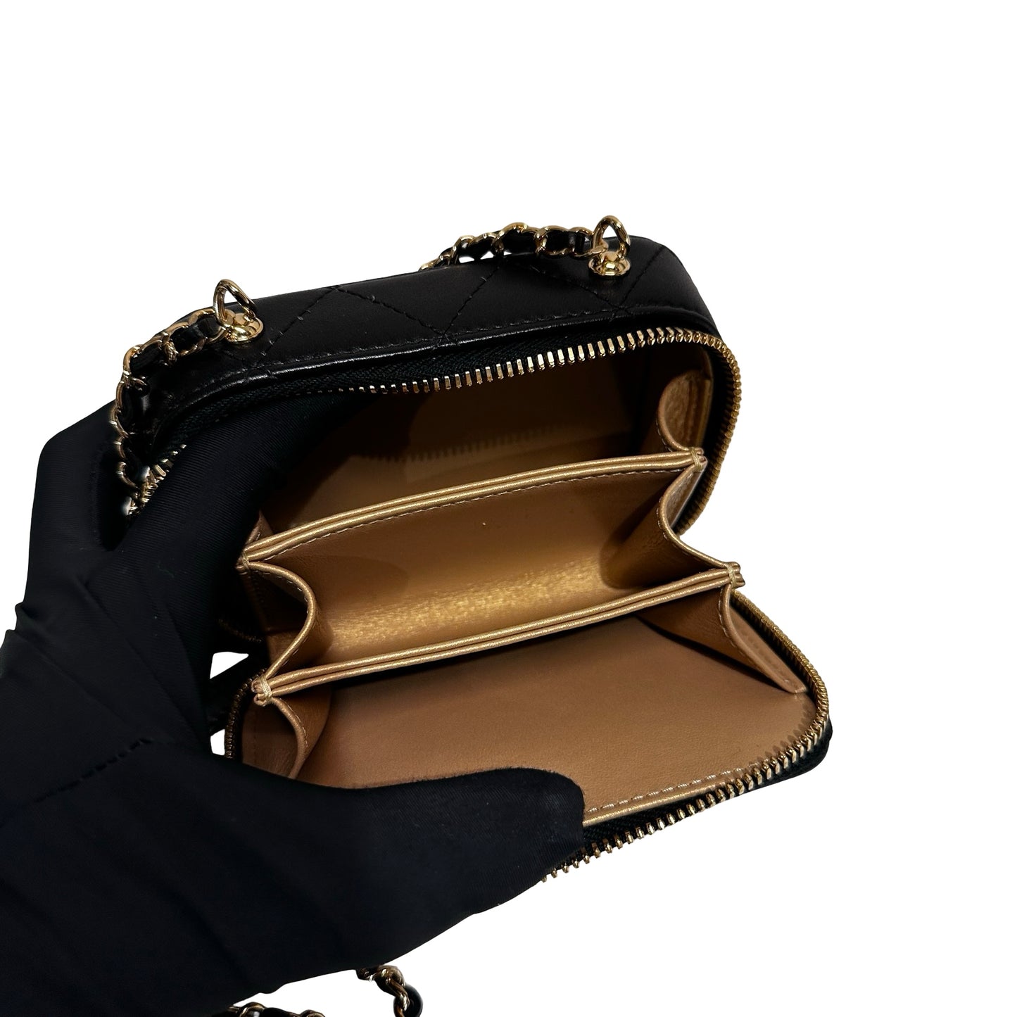 New CHANEL Lambskin Leather Vanity Case Shoulder Bag Gold Black GHW