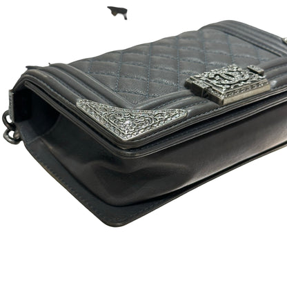 Used CHANEL Boy 20cm Cross Body Bag Grey PHW