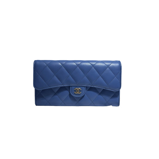 Used CHANEL Calfskin Leather Long Wallet Clutch Blue GHW