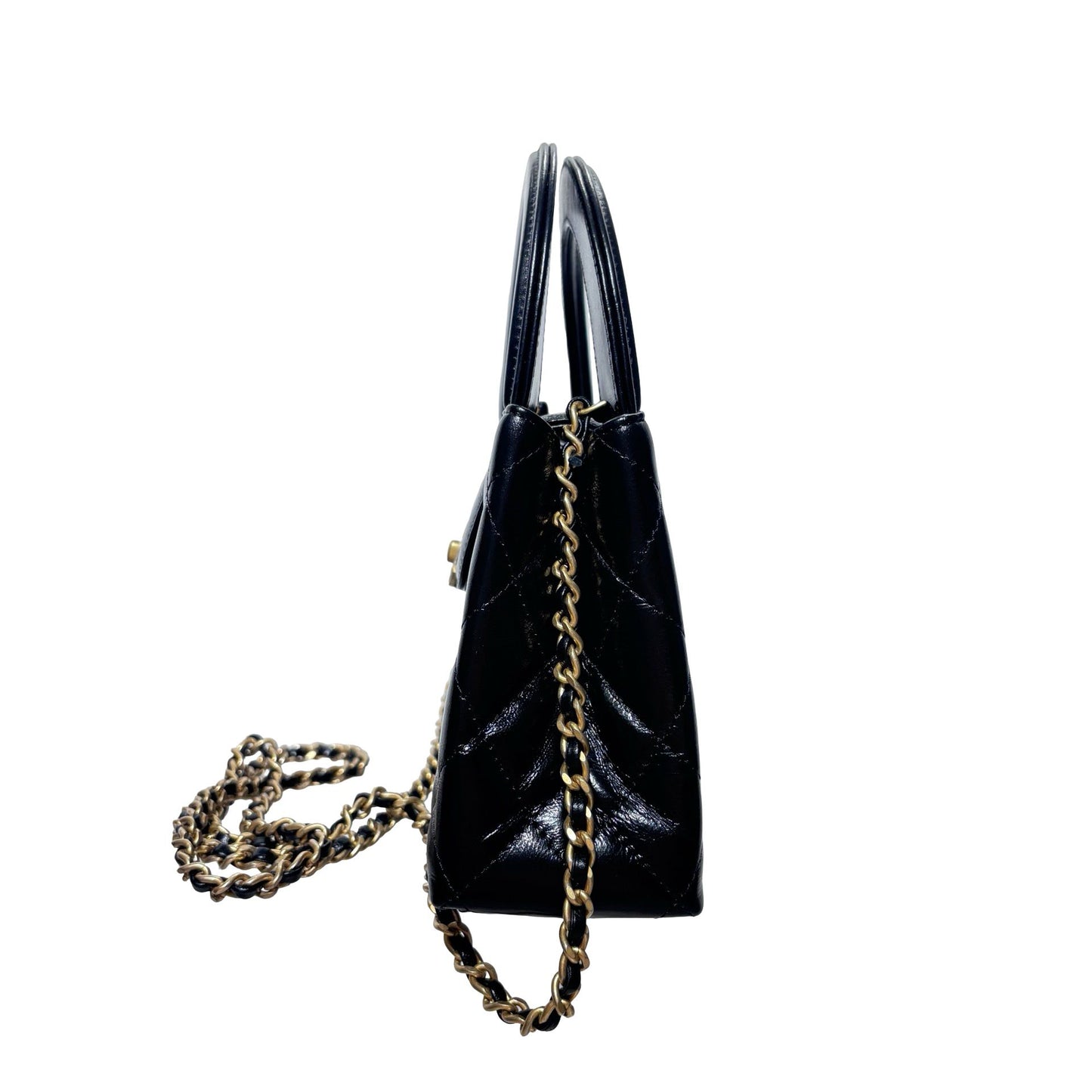 Used CHANEL Calfskin Leather Shiny Aged Calfskin Quilted Kelly Cross Body Bag Black GHW