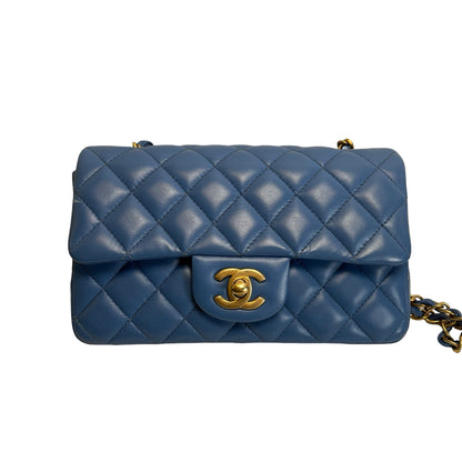 Used CHANEL Quilted Lambskin Classic Flap Handbag Blue Gold hardware