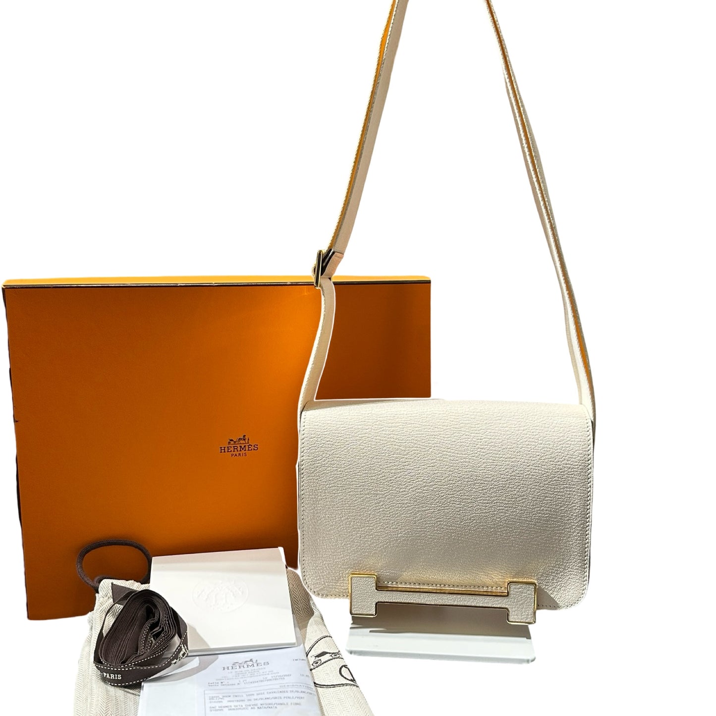 Used HERMÈS Chèvre Mysore Geta Shoulder Bag GHW White