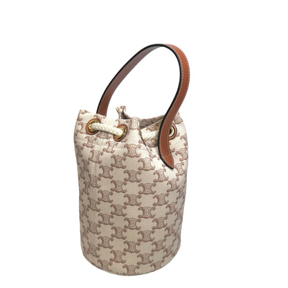 Used CELINE Triomphe Canvas Calfskin Teen Triomphe Drawstring Drawstring Bag Beige Brown GHW