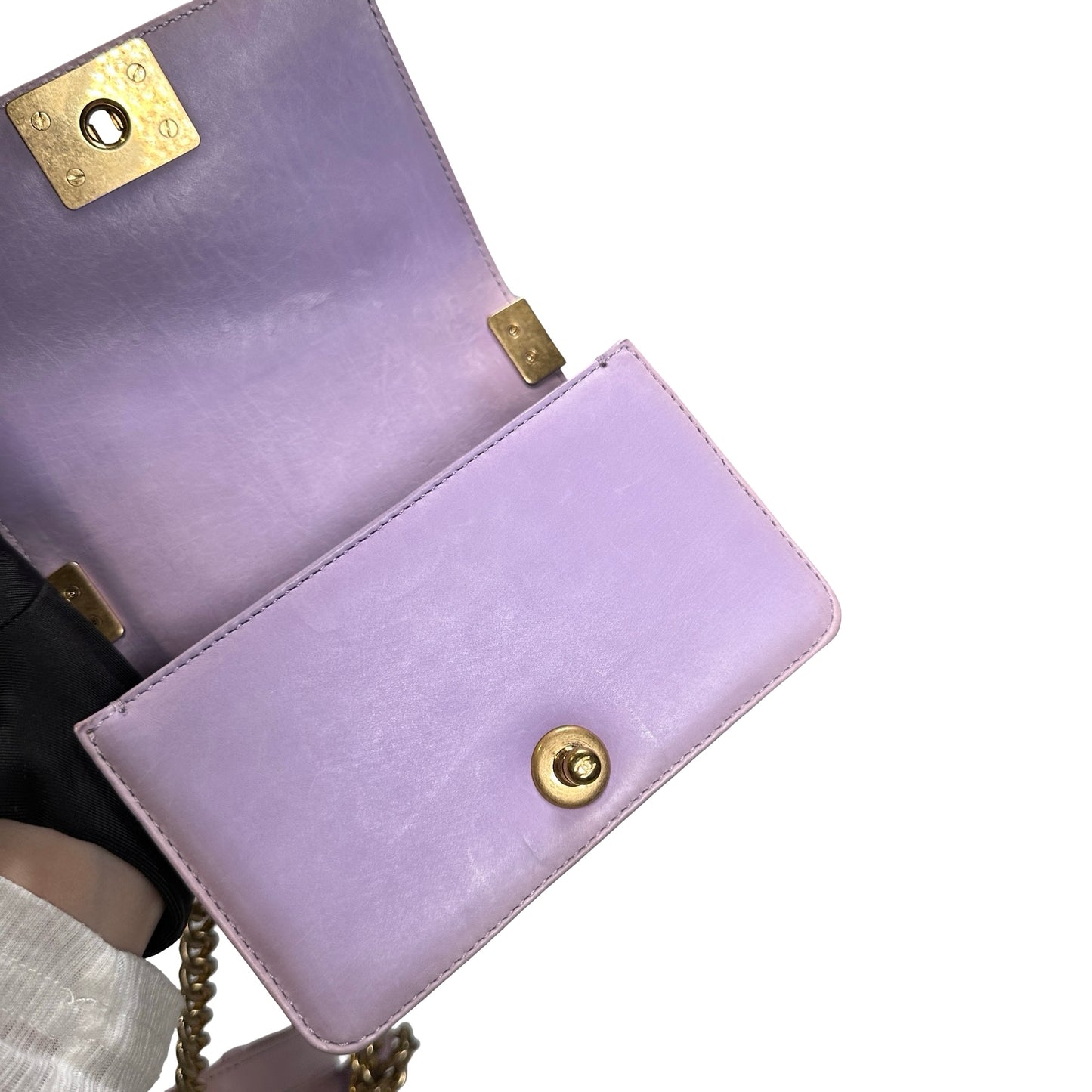 Used CHANEL Braided Lambskin Boy Chain Shoulder Bag Lilac Gold