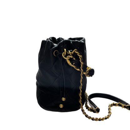 Used CHANEL Lambskin Leather Bucket Bag Black GHW