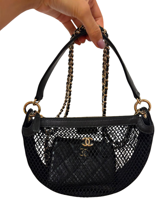 Used CHANEL Mesh Calfskin Hobo Clutch Hobo Bag Black Gold