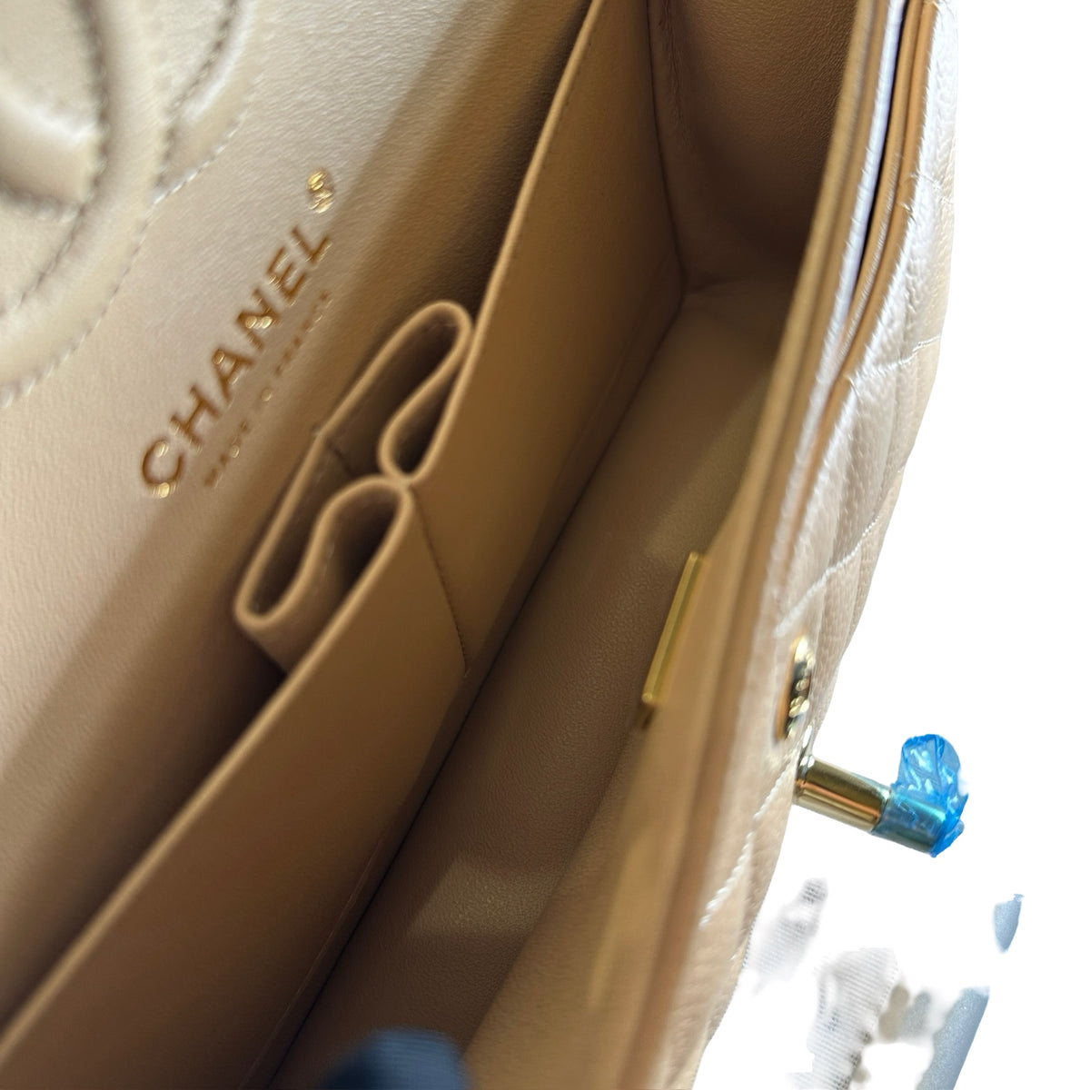 Brand New CHANEL Quilted Caviar Classic Flap Chain Shoulder Bag Beige Gold