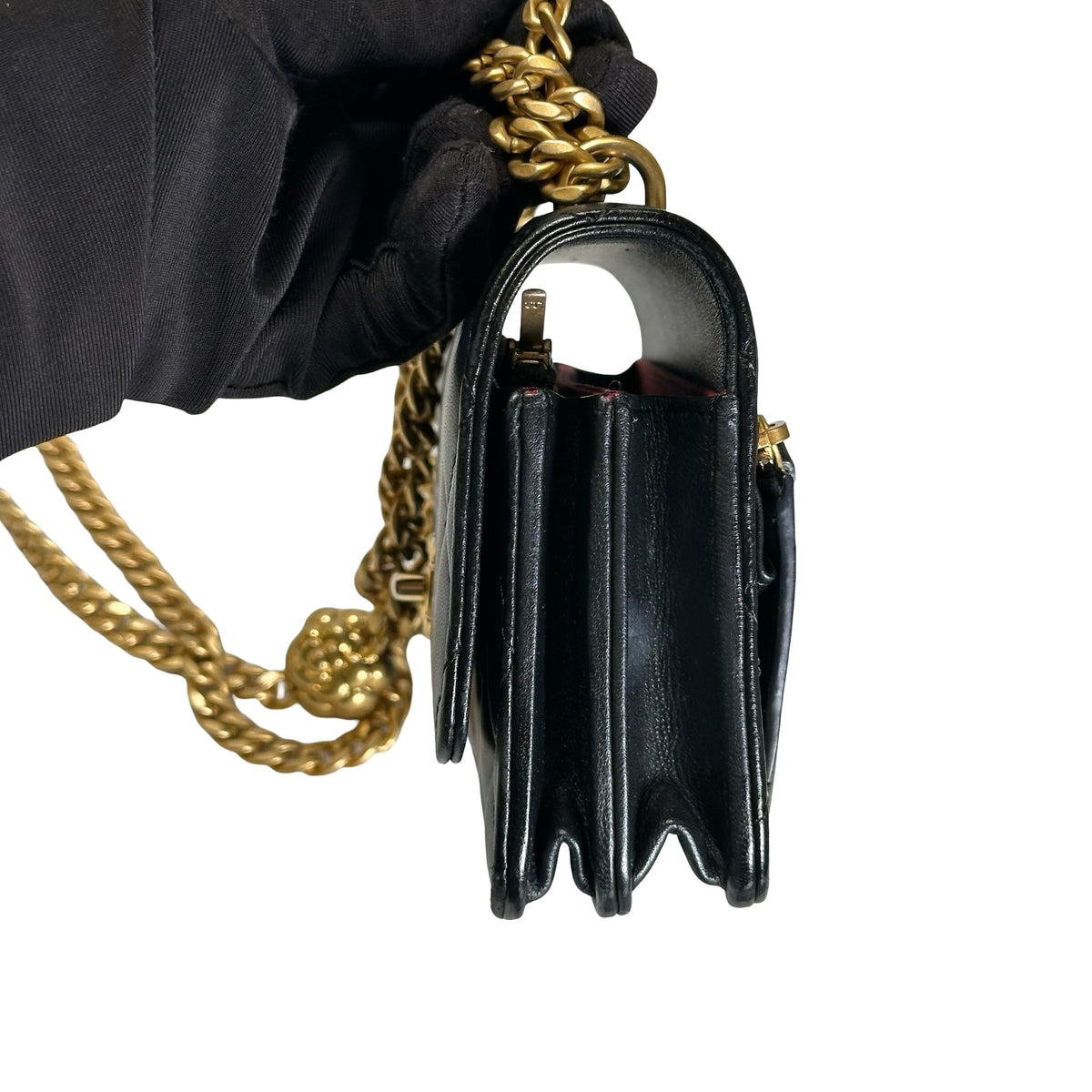 Used CHANEL Quilted Lambskin Mini Flap Bag Mini Flag Bag with Gold Ball Black Gold