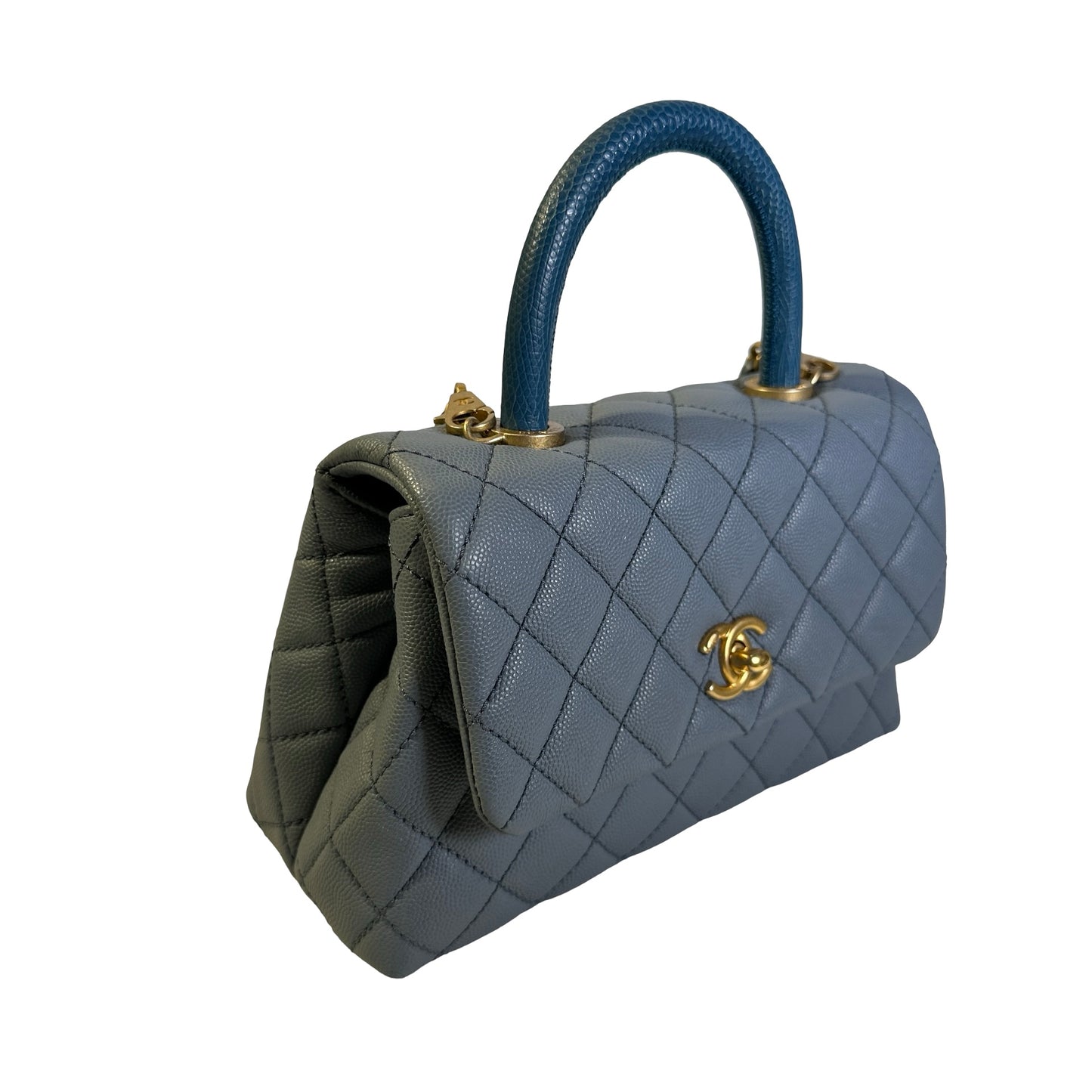 Used CHANEL Quilted Caviar Lizard Coco Handle Handbag Blue