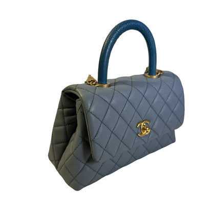 Used CHANEL Quilted Caviar Lizard Coco Handle Handbag Blue