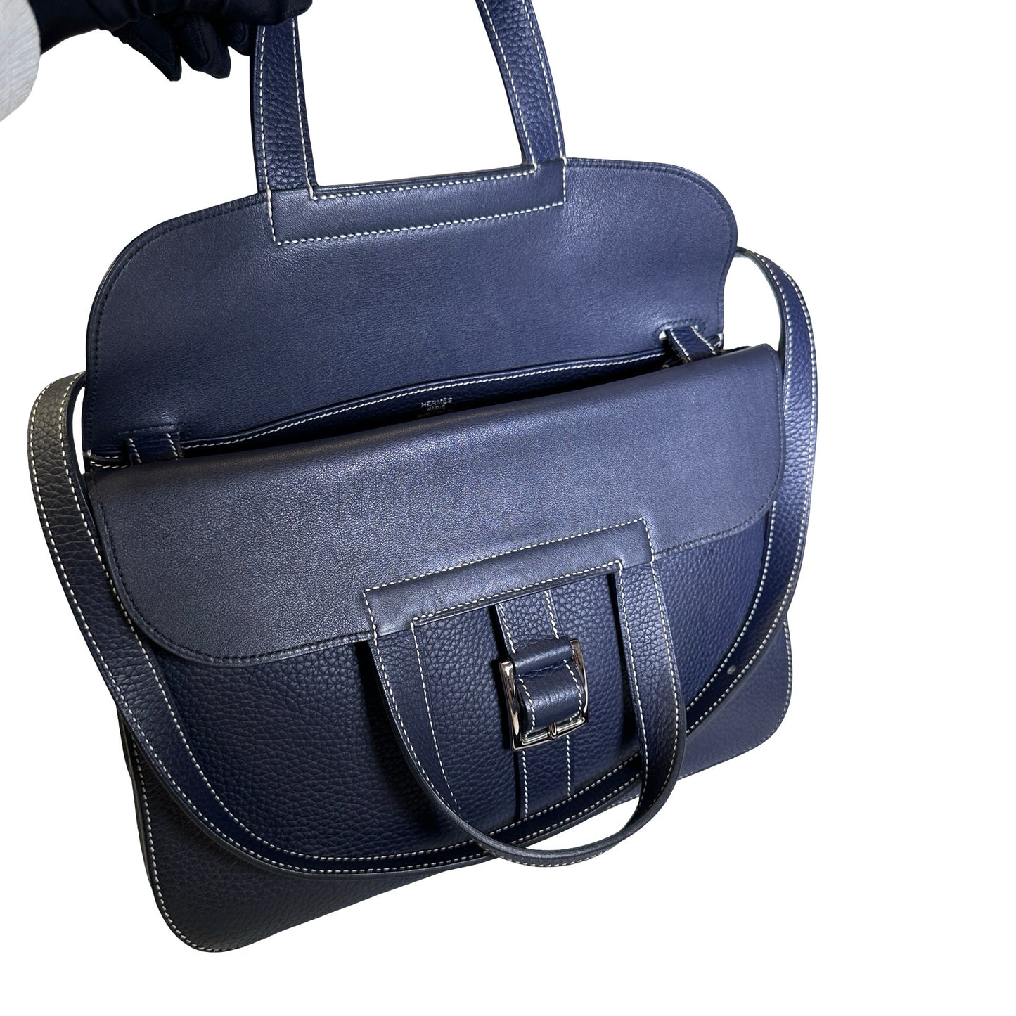 Used HERMÈS Clemence leather Halzan 31 Shoulder Bag Navy Blue PHW