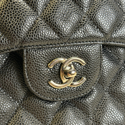 Used CHANEL Quilted Caviar leather Jumbo Single Flap Bag Shoulder Bag Black Silver hardware