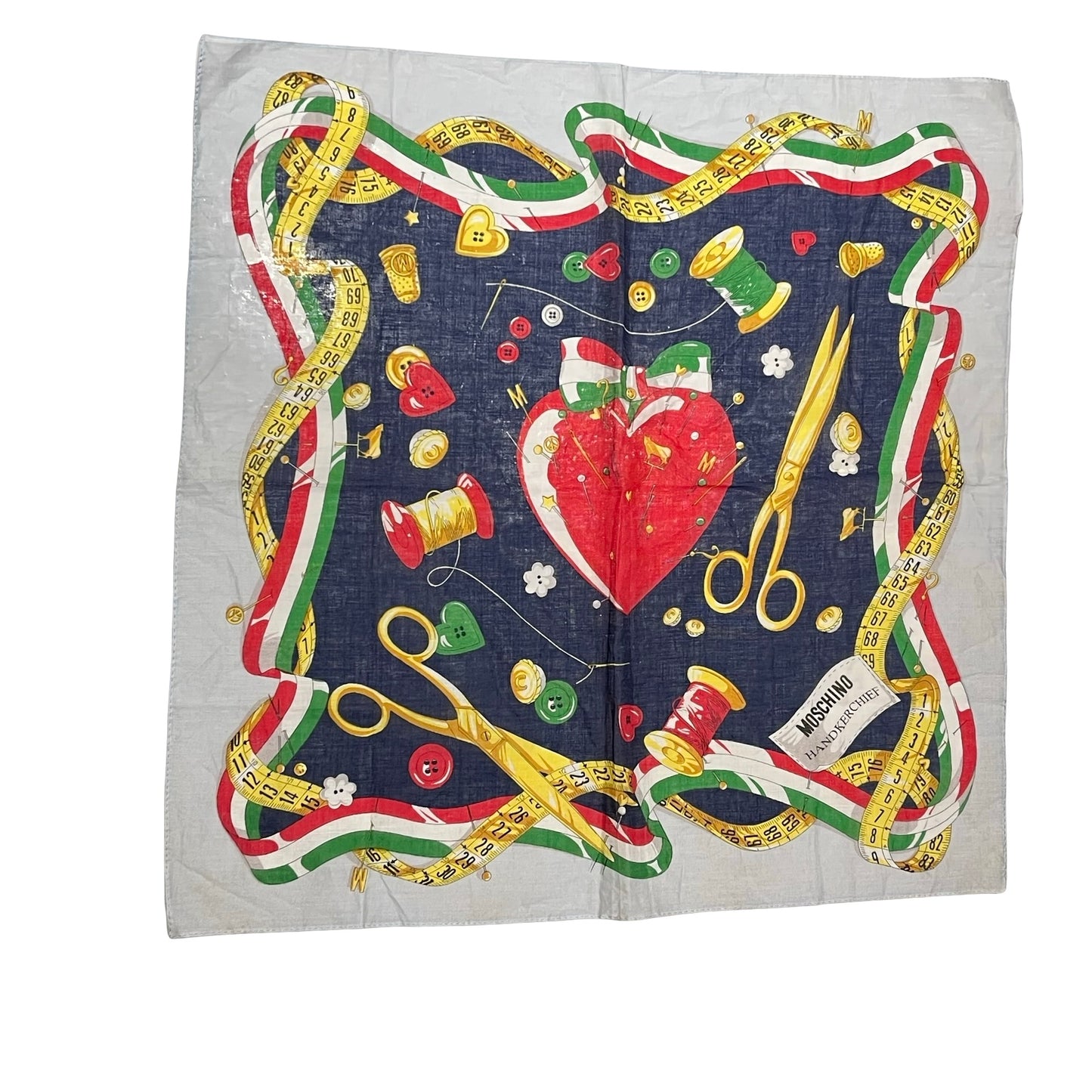 Used MOSCHINO Cotton Tailoring Square Scarf White Navy Yellow Scarf