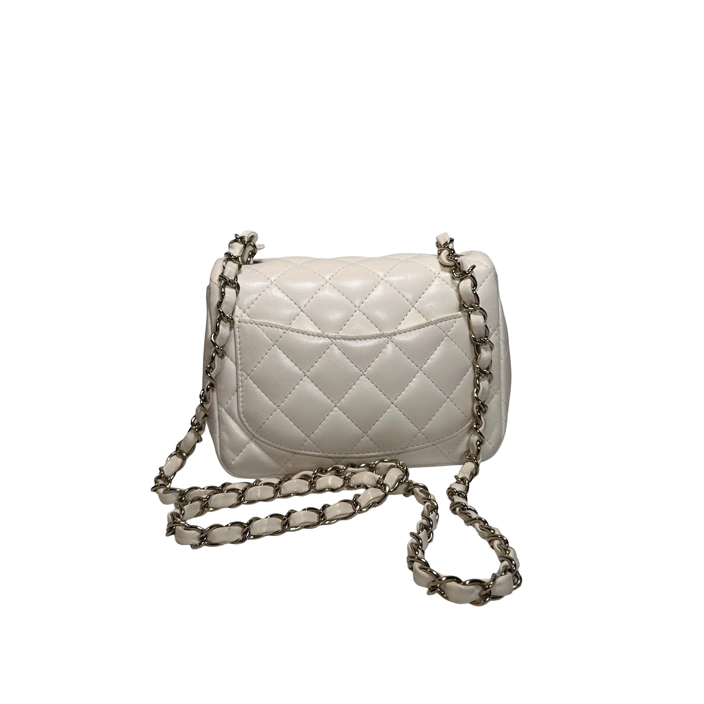 Used CHANEL Quilted Lambskin Classic Mini Rectangular Flap Bag Chain Shoulder Bag White GHW