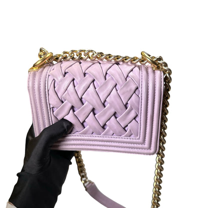 Used CHANEL Braided Lambskin Boy Chain Shoulder Bag Lilac Gold