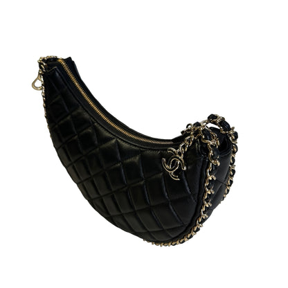 Used CHANEL Quilted Leather Quilted Hobo Hobo Bag Black Gold