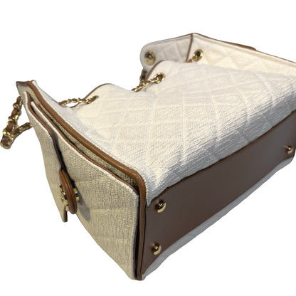 Used CHANEL Quilted Tweed Deauville Handbag White Brown