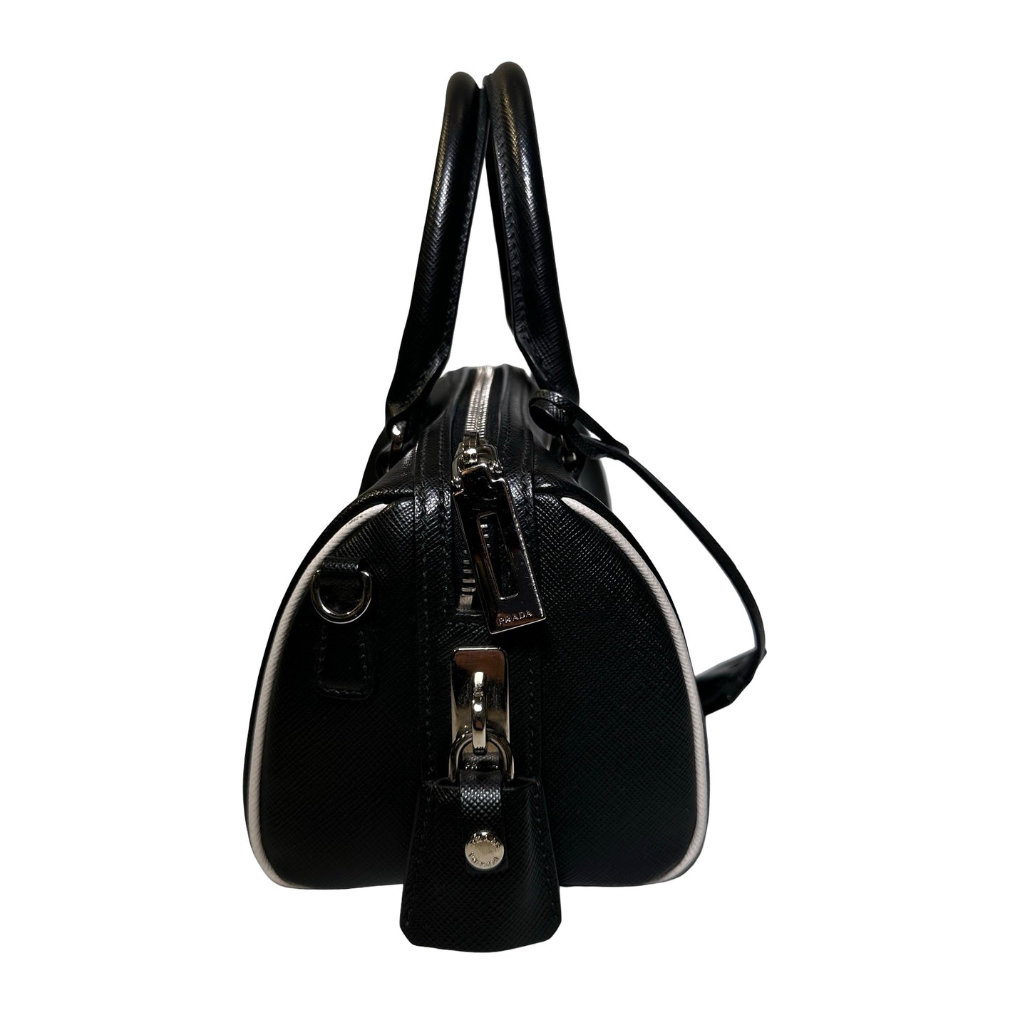 Used PRADA Lambskin Leather Small Top Handle Cross Body Bag PHW Black