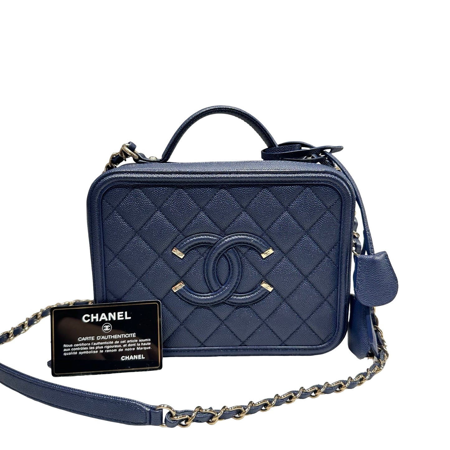 Unused CHANEL Calfskin Leather Vanity Case Navy Blue