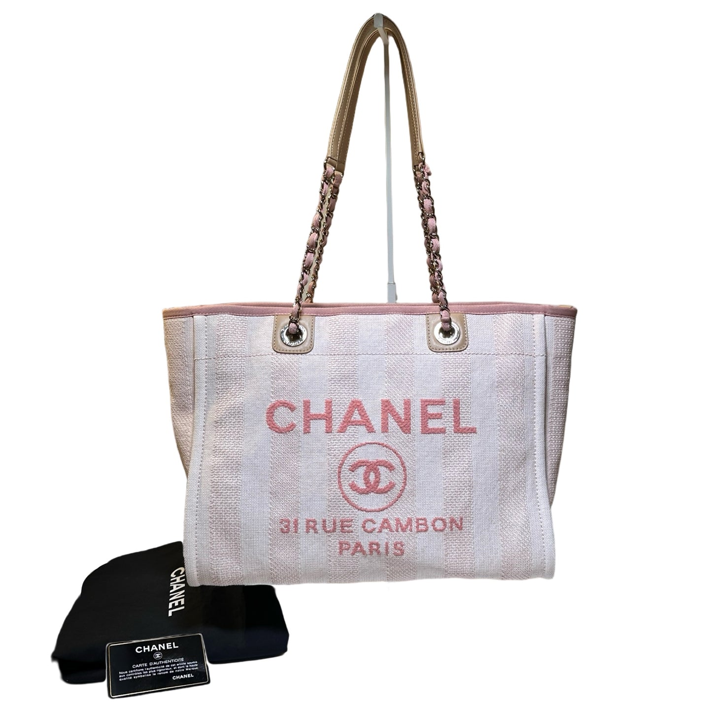 Used CHANEL Canvas Deauville Tote Shoulder Bag Pink GHW